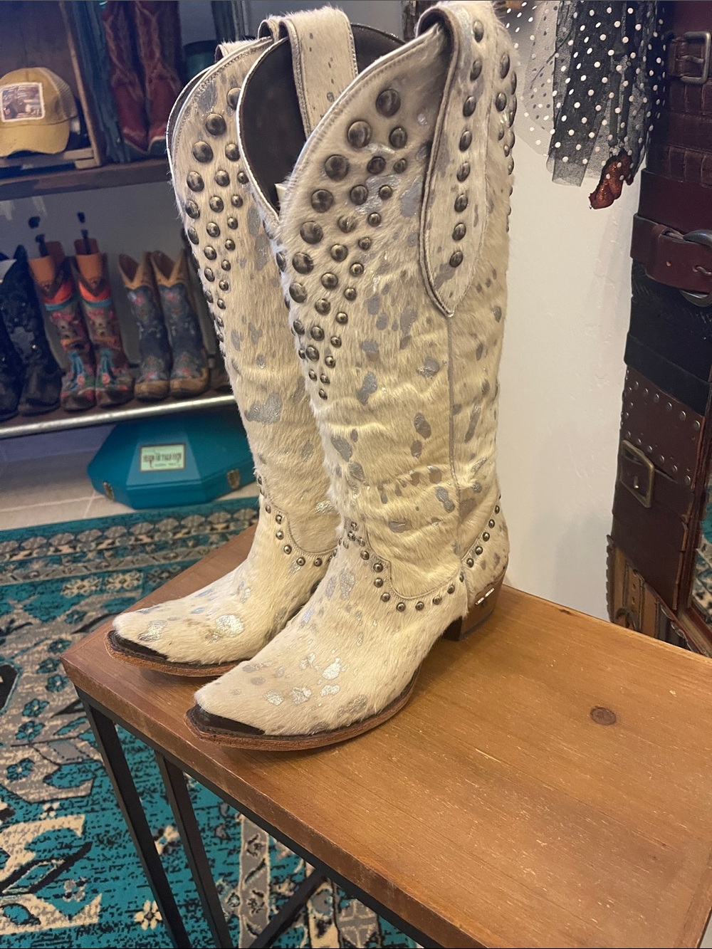 Lane Winter White Wild Hair Studded Lace-Up Cowgirl Boots - Picture 4 of 13